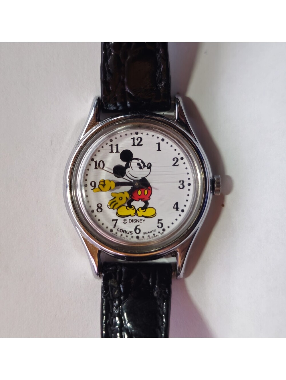 Vintage Lorus Disney Mickey Mouse Wristwatch with Black Leather Strap New Batt.